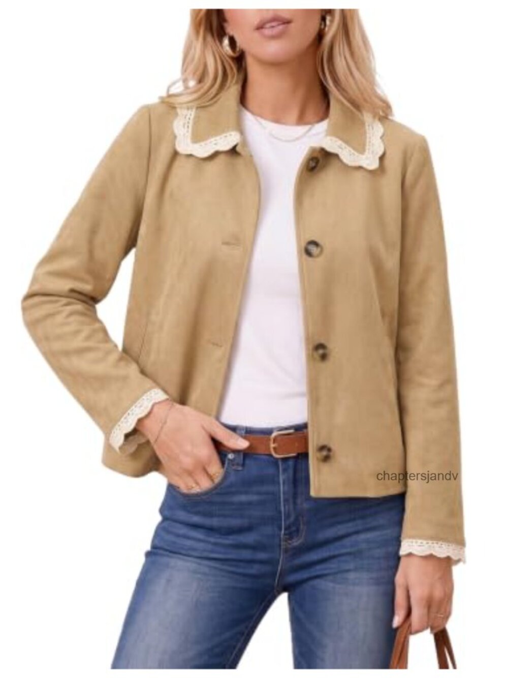Faux Suede Cropped Jacket Lace Trim Button Down Casual Coat